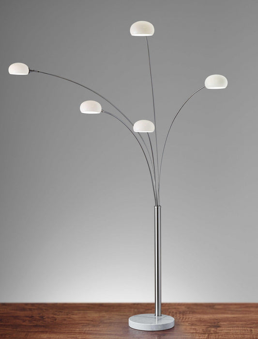 Brushed Steel Adjustable Arc Floor Lamp with Five Lights and White Milk Glass Shades - AFS