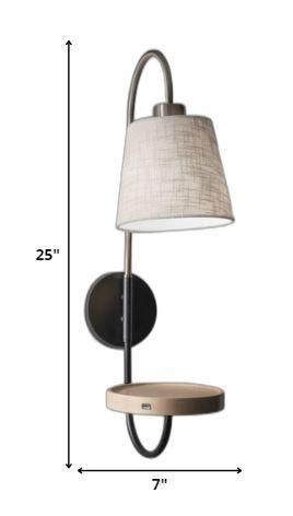 Antique Brass and Black Metal Wall Lamp with USB Charging Station Wood Shelf - AFS