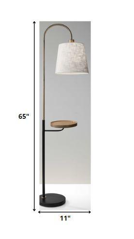 Antique Brass And Black Metal Floor Lamp With USB Charging Station Wood Shelf - AFS