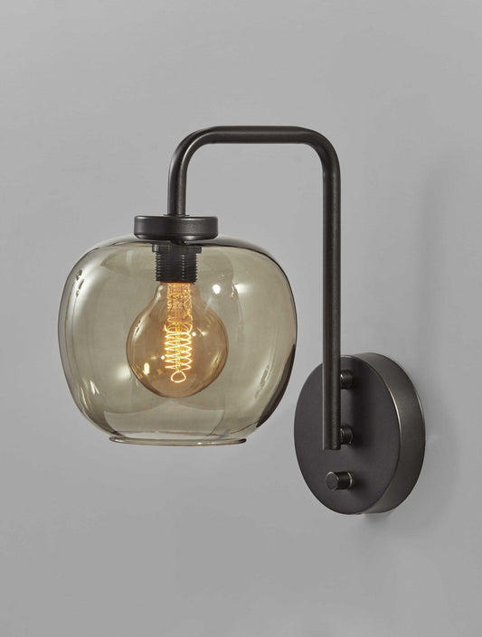 Smoked Glass Globe Shade with Vintage Edison Bulb and Matte Black Metal Wall Lamp - AFS