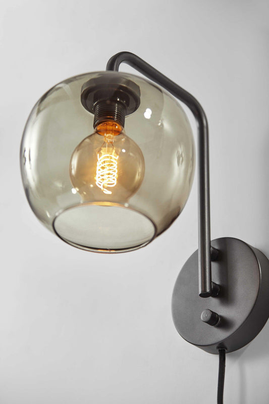 Smoked Glass Globe Shade with Vintage Edison Bulb and Matte Black Metal Wall Lamp - AFS