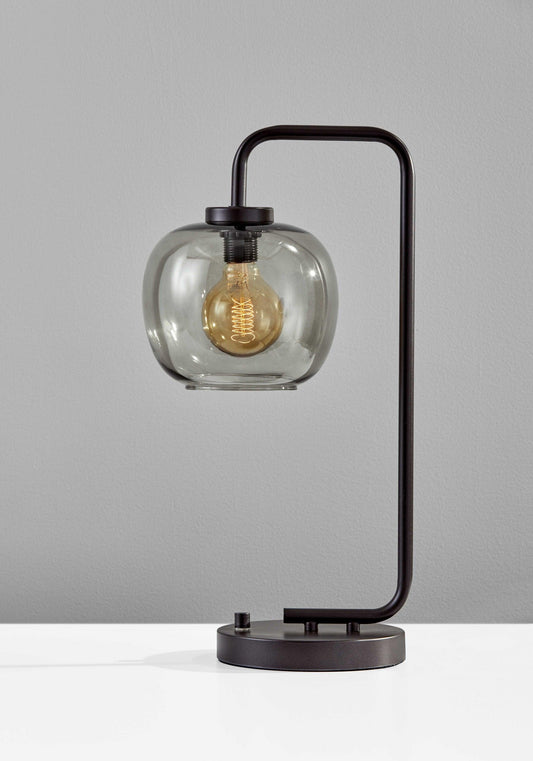 Smoked Glass Globe Shade with Vintage Edison Bulb and Matte Black Metal Arc Table Lamp - AFS