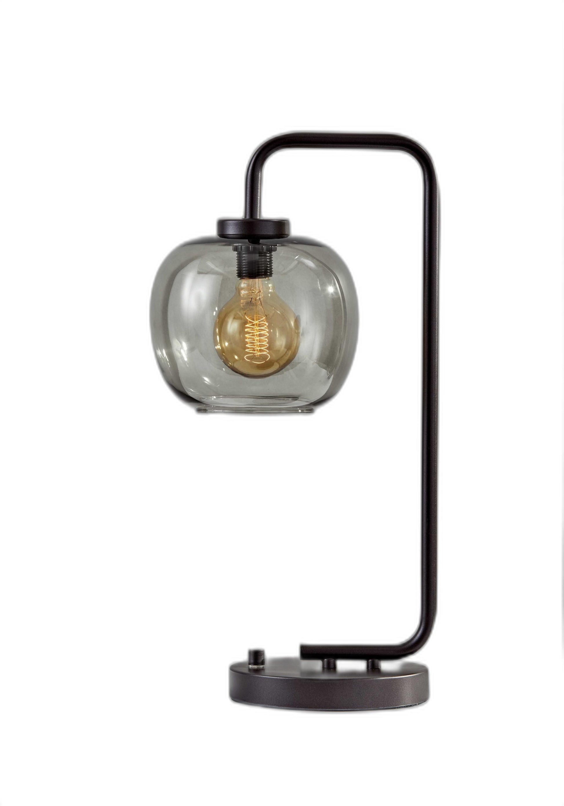 Smoked Glass Globe Shade with Vintage Edison Bulb and Matte Black Metal Arc Table Lamp - AFS