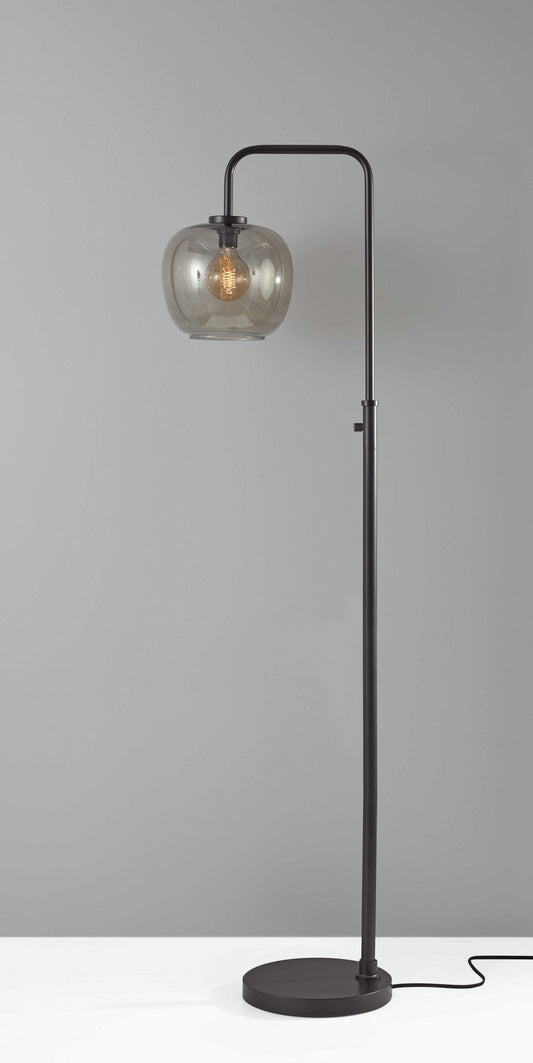 Matte Black Metal Arc Floor Lamp with Smoked Glass Globe Shade and Vintage Edison Bulb - AFS