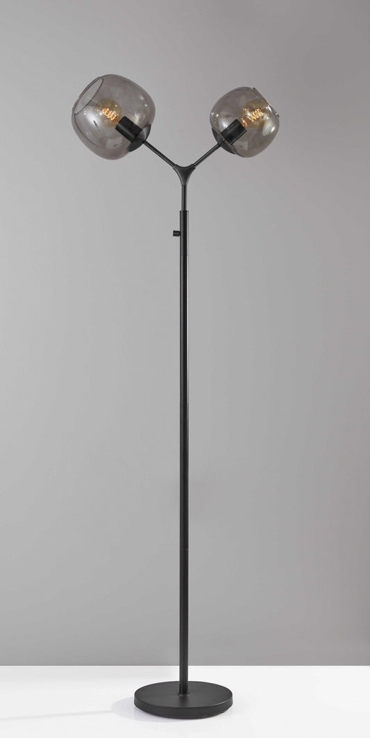 Matte Black Metal Floor Lamp with Two Smoked Glass Globe Shades and Vintage Edison Bulbs - AFS