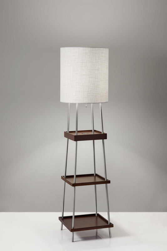 Walnut Wood Metal Shelf Floor Lamp with Charging Station - AFS