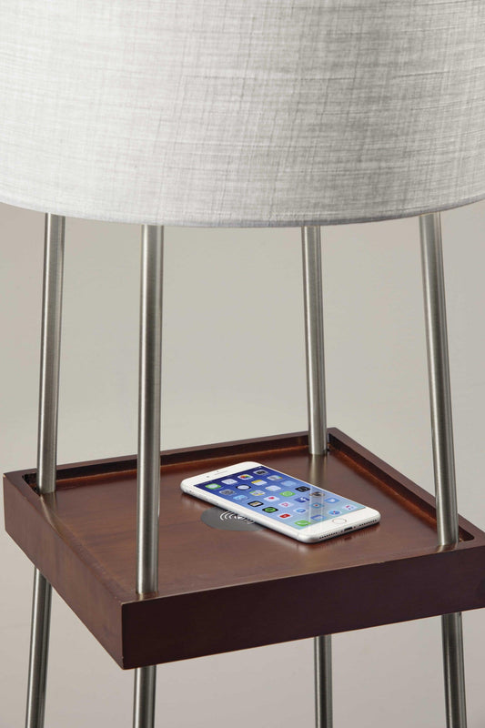 Walnut Wood Metal Shelf Floor Lamp with Charging Station - AFS