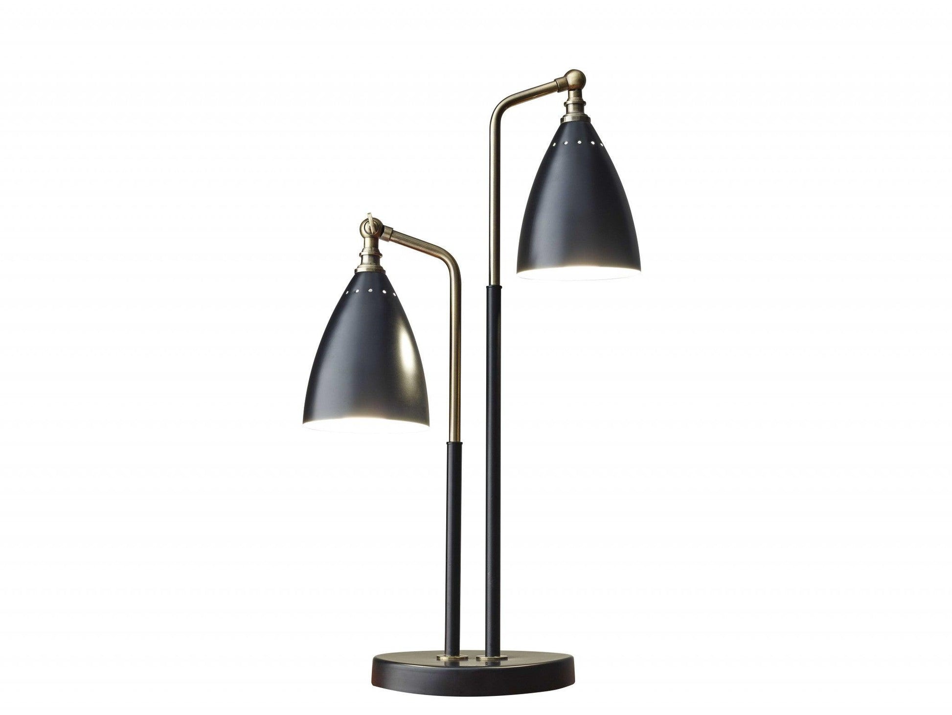 Matte Black Metal and Antique Brass Two Light Adjustable Table Lamp - AFS