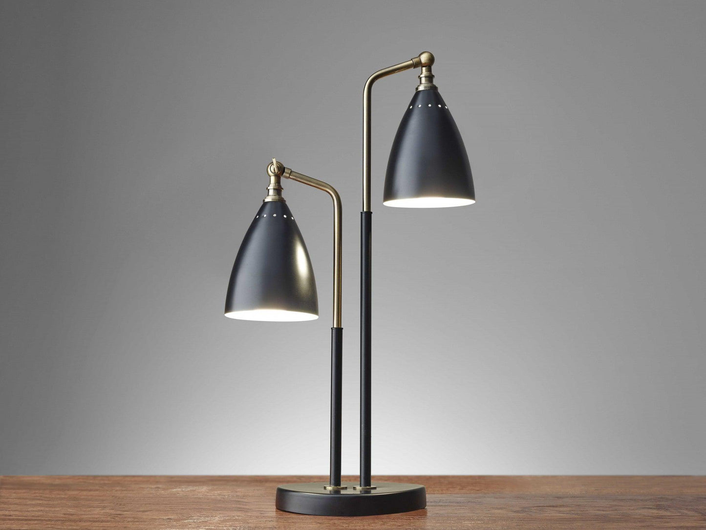 Matte Black Metal and Antique Brass Two Light Adjustable Table Lamp - AFS