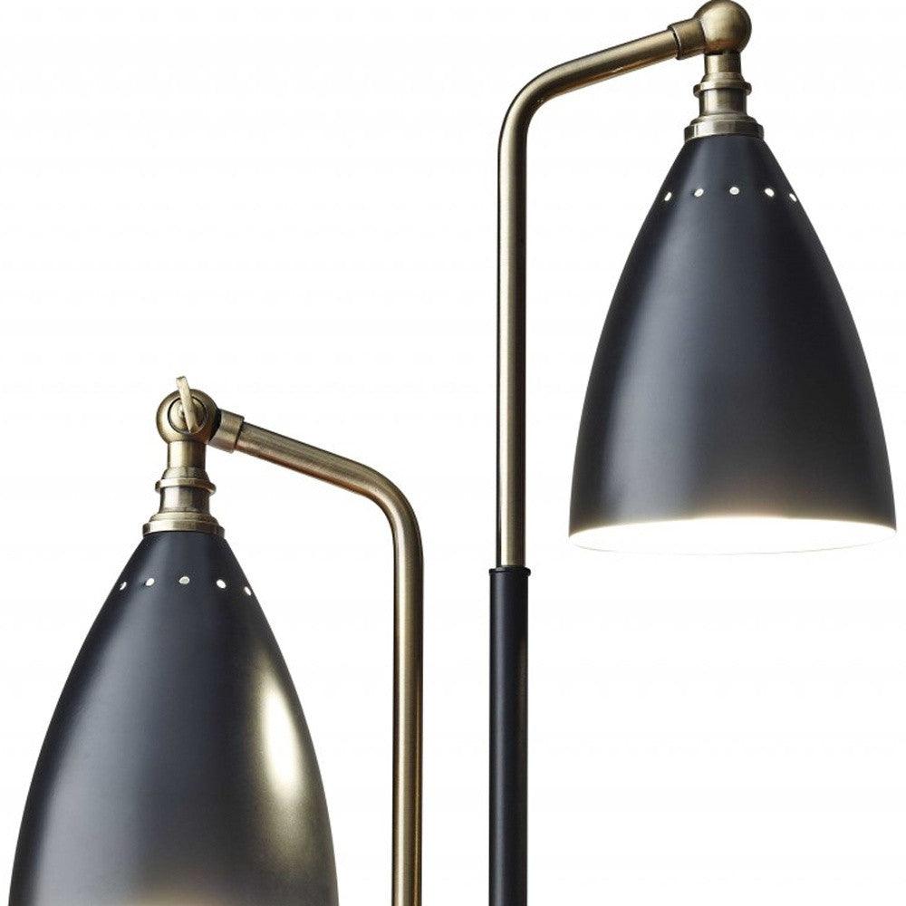 Matte Black Metal and Antique Brass Two Light Adjustable Table Lamp - AFS