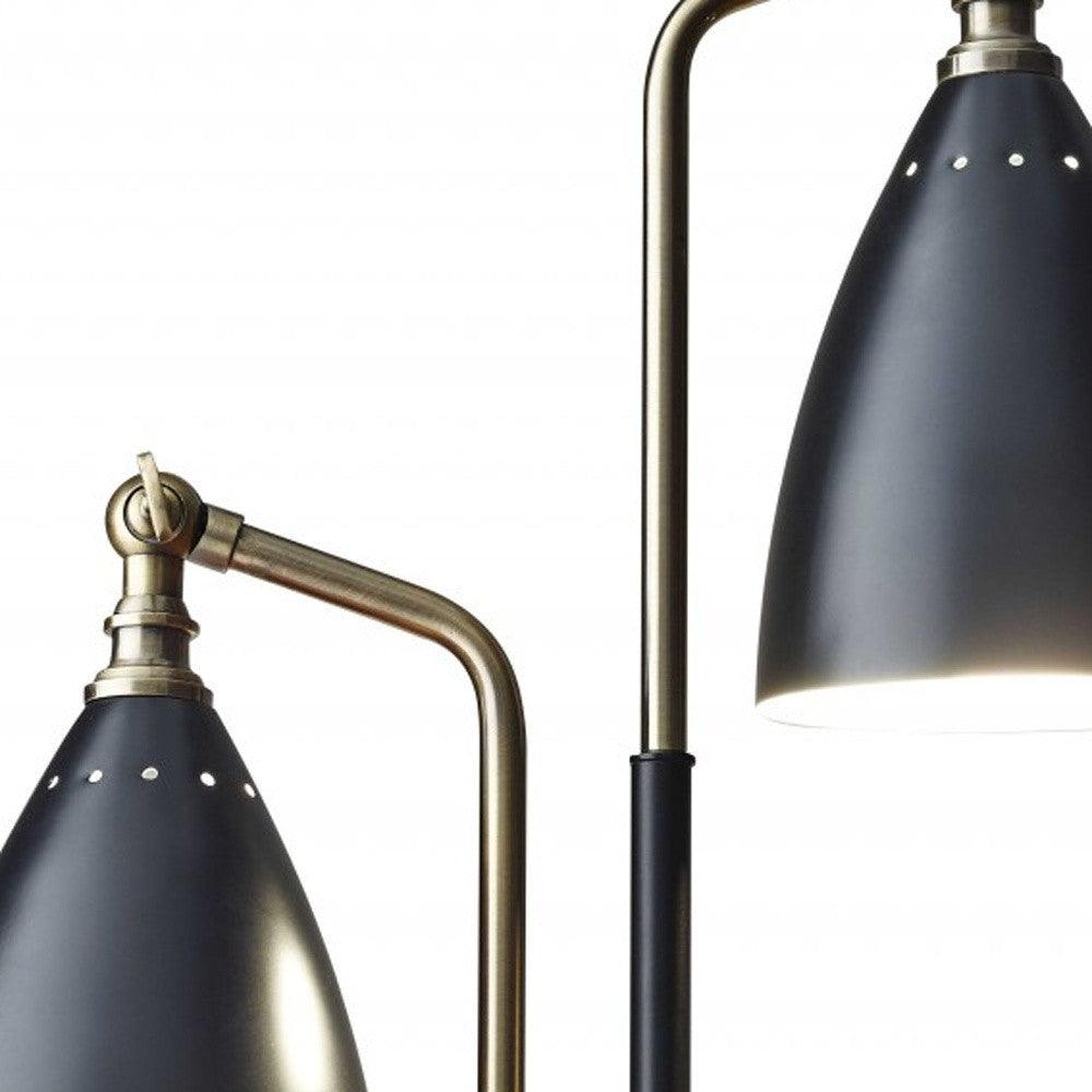 Matte Black Metal and Antique Brass Two Light Adjustable Table Lamp - AFS