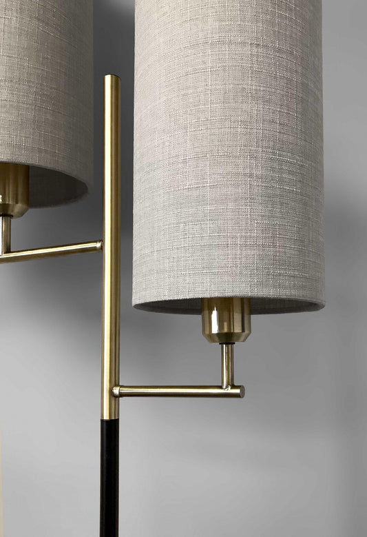 Two Light Floor Lamp Antique Brass Metal Tripod Base with Matte Black Accent and Tall Natural Fabric Shade - AFS