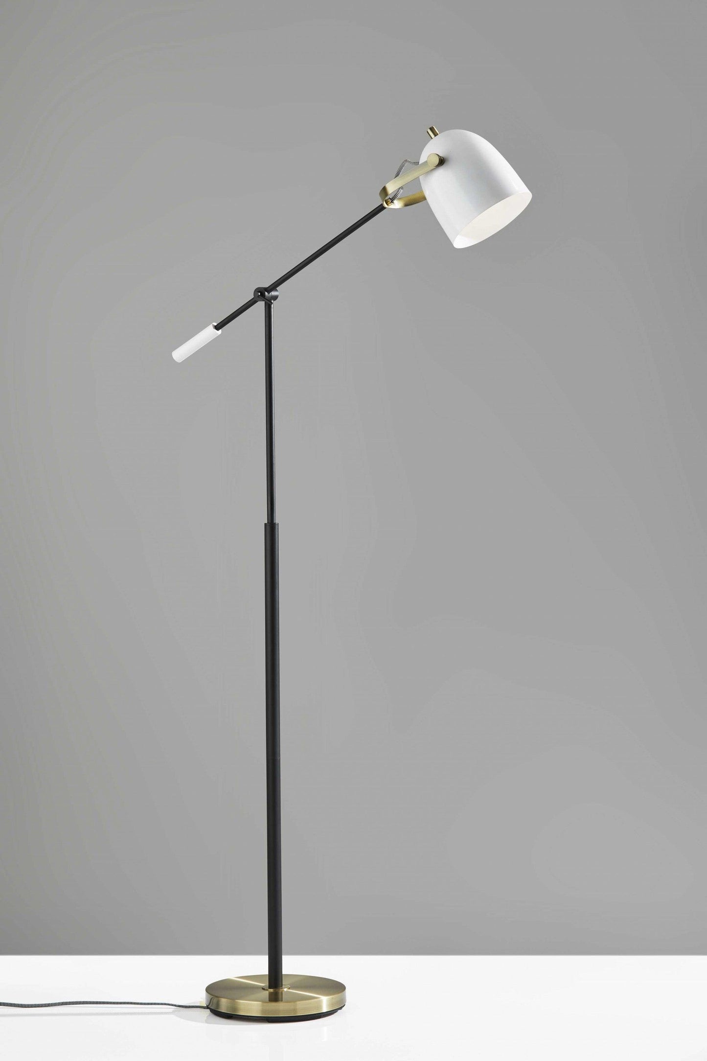 Matte Black and Antique Brass Metal Floor Lamp with Adjustable Arm and White Metal Shade - AFS