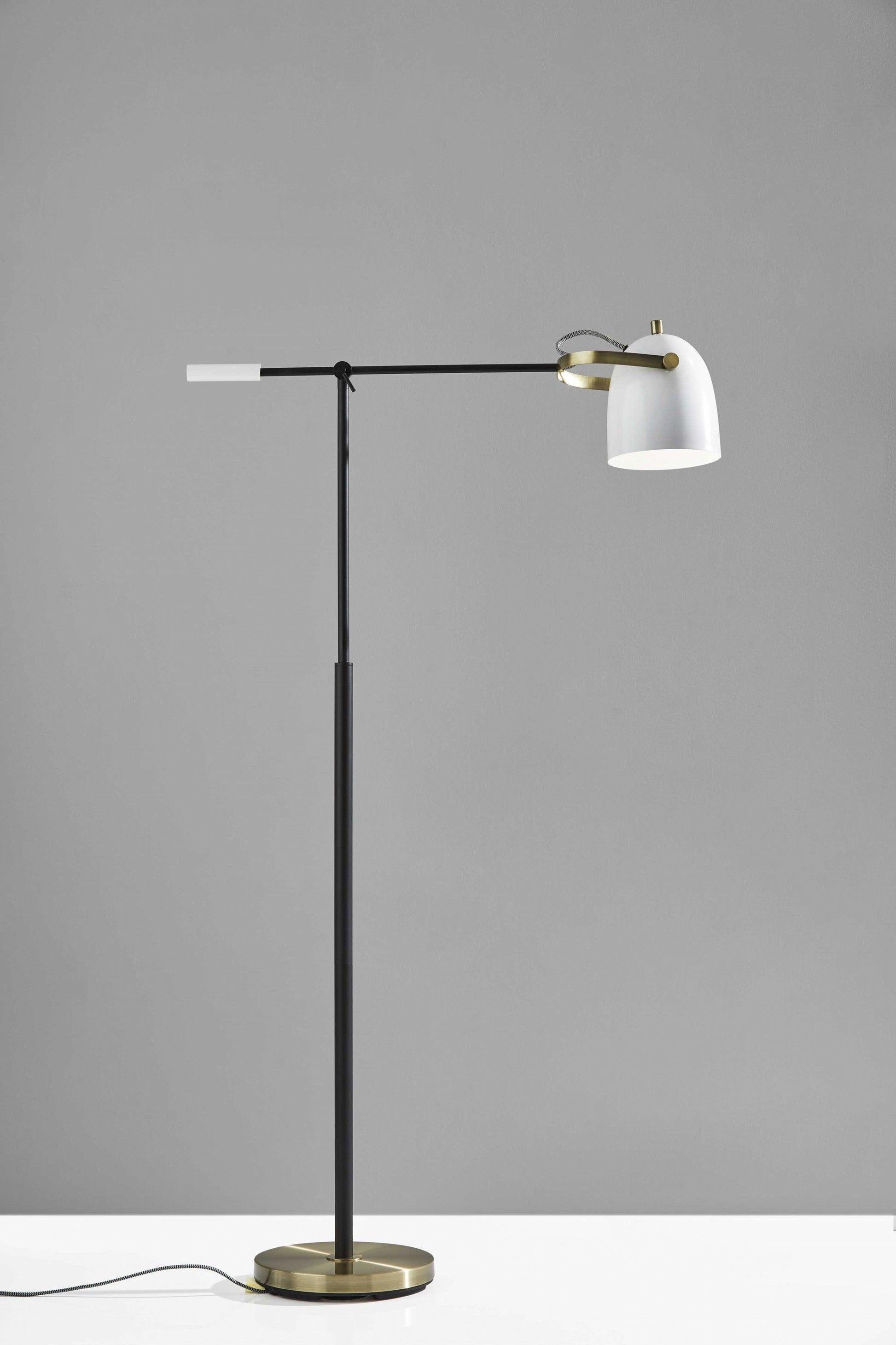 Matte Black and Antique Brass Metal Floor Lamp with Adjustable Arm and White Metal Shade - AFS