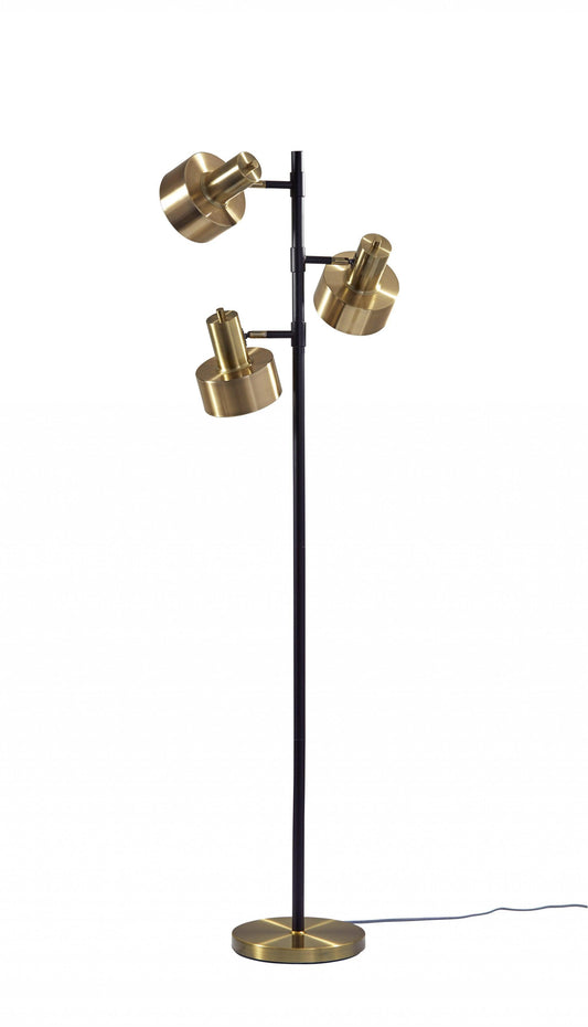 Three Light Floor Lamp with Matte Black Pole and Adjustable Antique Brass Metal Shades - AFS