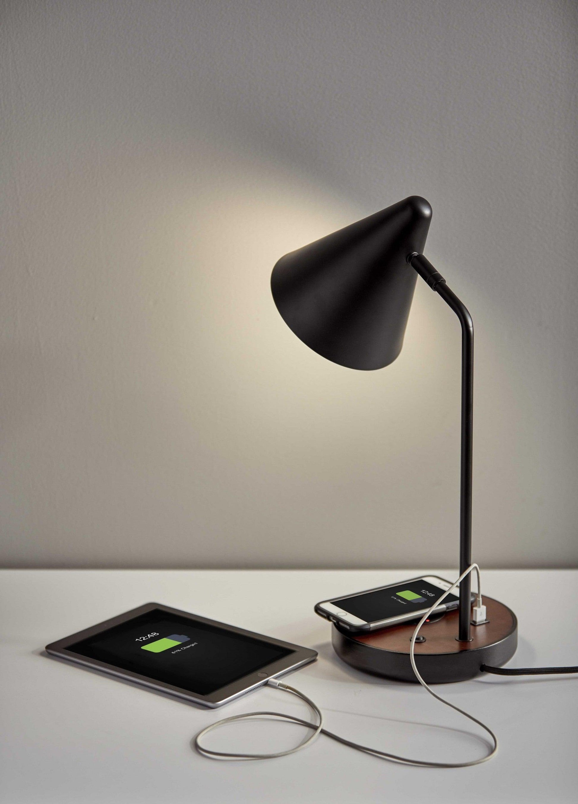 Matte Black Metal Wireless Charging Adjustable Desk Lamp with Walnut Wood Accent - AFS