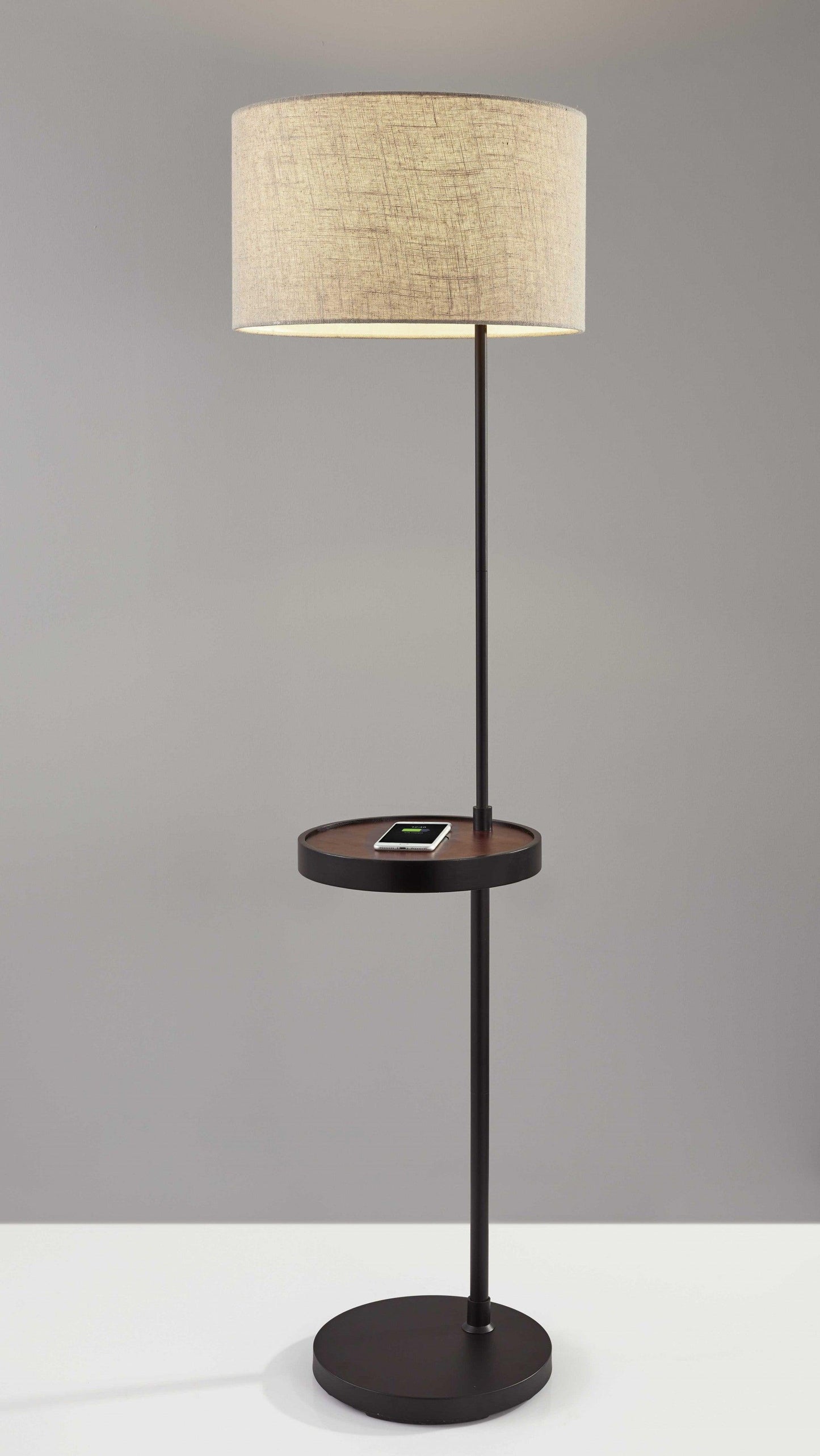 Matte Black Metal Floor Lamp With Wireless Charging Task Shelf - AFS