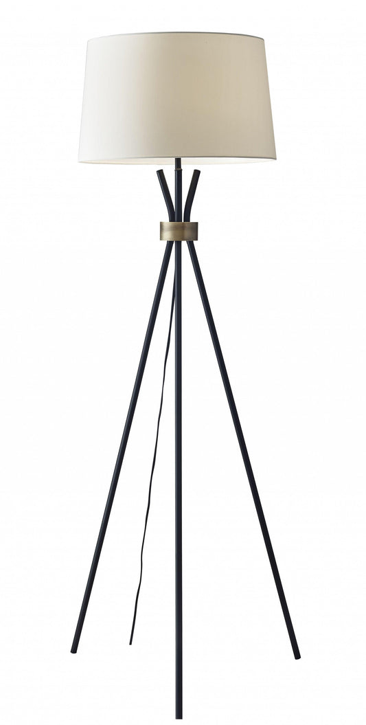 Black Metal Tripod Leg Floor Lamp with Antique Brass Accent - AFS