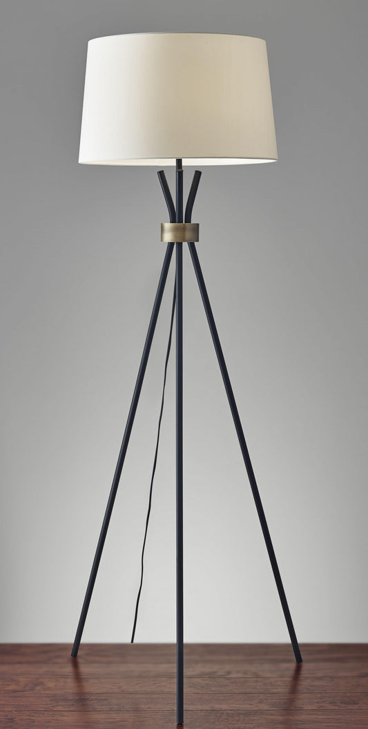 Black Metal Tripod Leg Floor Lamp with Antique Brass Accent - AFS