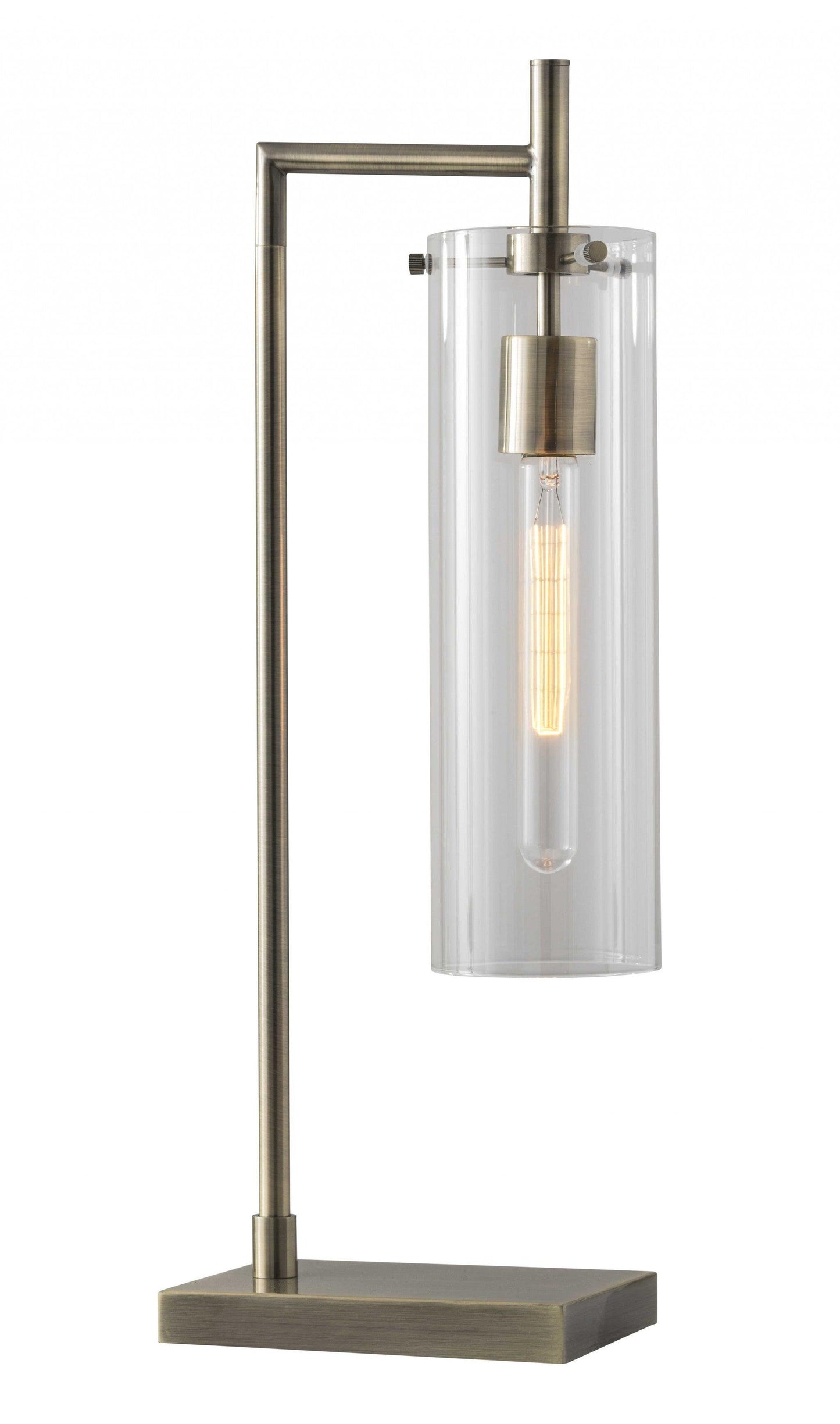 Sleek Clear Glass Cylinder Shade with Vintage Filament Bulb Antique Brass Metal Table Lamp - AFS