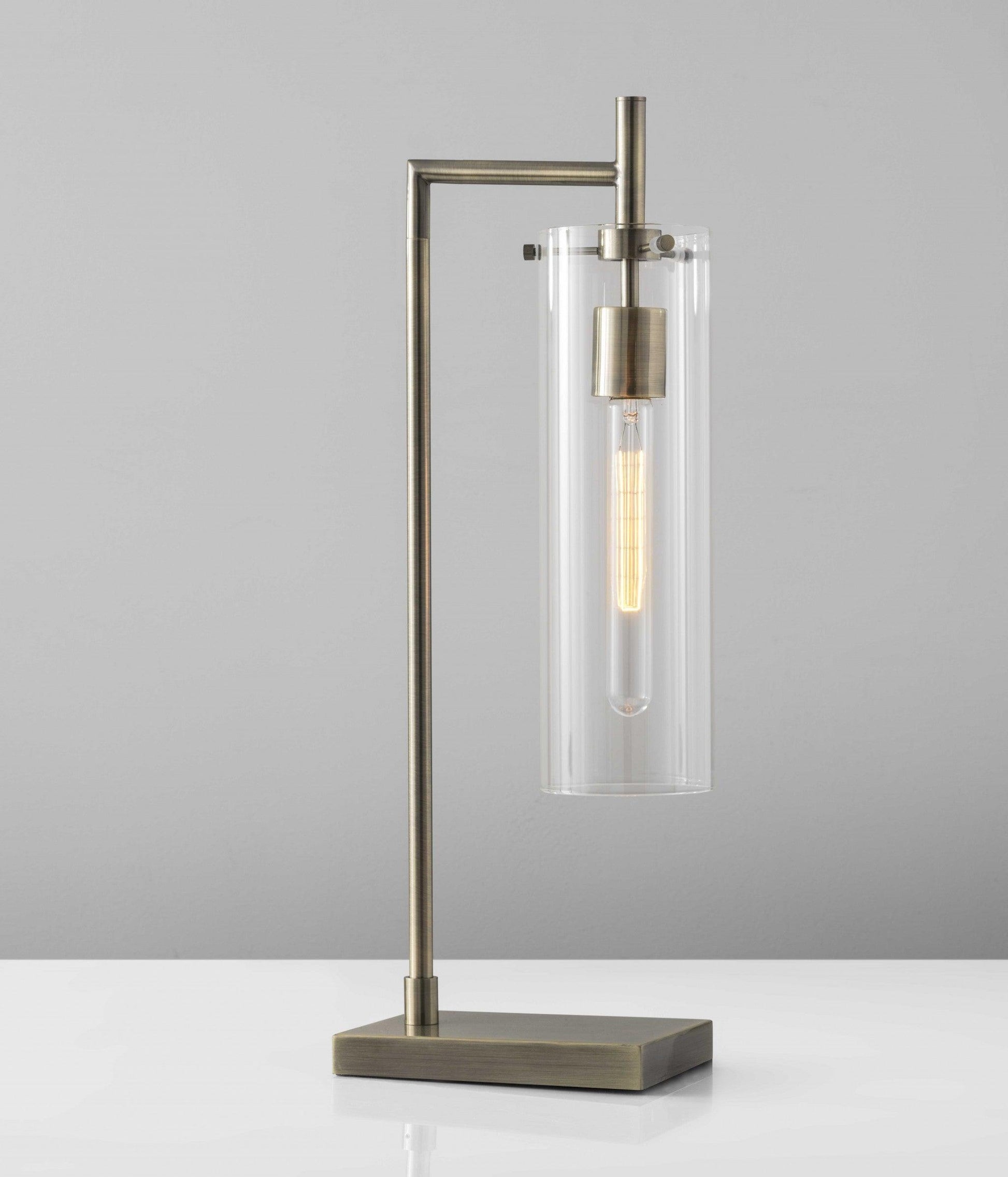 Sleek Clear Glass Cylinder Shade with Vintage Filament Bulb Antique Brass Metal Table Lamp - AFS