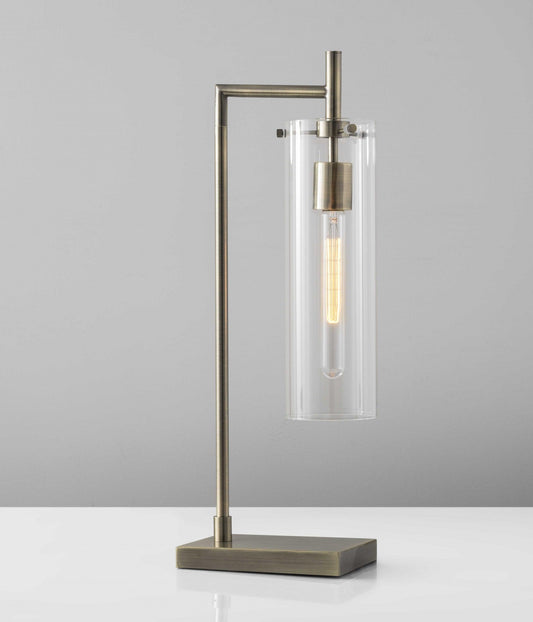 Sleek Clear Glass Cylinder Shade with Vintage Filament Bulb Antique Brass Metal Table Lamp - AFS