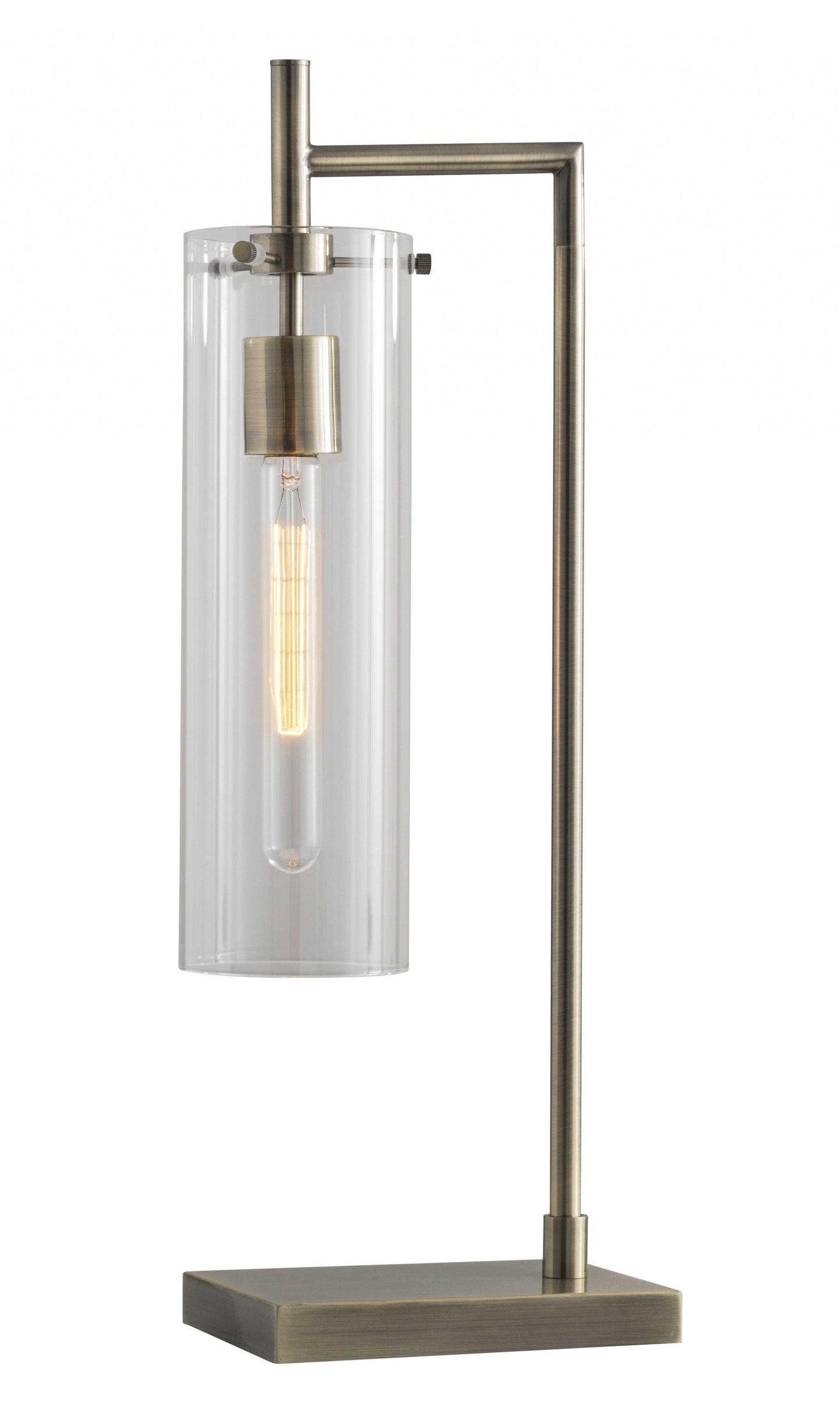 Sleek Clear Glass Cylinder Shade with Vintage Filament Bulb Antique Brass Metal Table Lamp - AFS