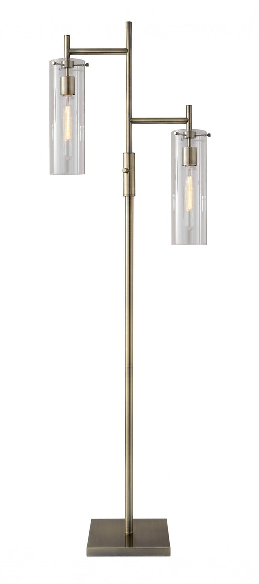 Two Light Modern Floor Lamp Clear Glass Cylinder Shade with Vintage Filament Bulb Antique Brass Metal Pole - AFS