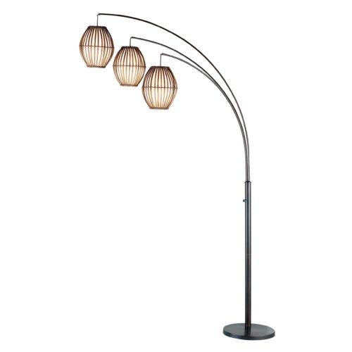 Three Light Arc Lamp in Bronze Metal with Brown Cane Barrel Shape Lanterns - AFS