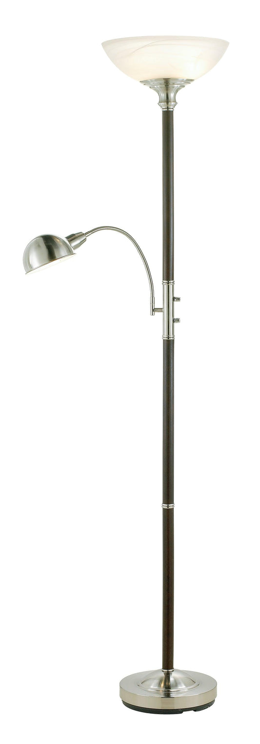 Two Light Combo Floor Lamp Wood Brushed Steel Torchiere with Frosted Glass Dome Shade and Reading Light with Brushed Steel Dome Shade - AFS