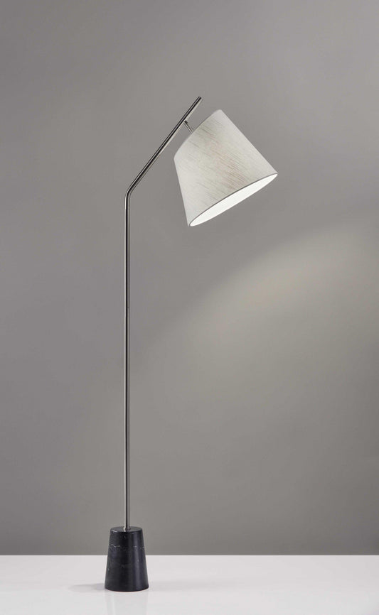 Brushed Steel Floor Lamp Black Marble Block Base and Angled White Linen Shade - AFS