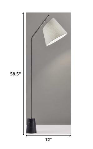 Brushed Steel Floor Lamp Black Marble Block Base and Angled White Linen Shade - AFS