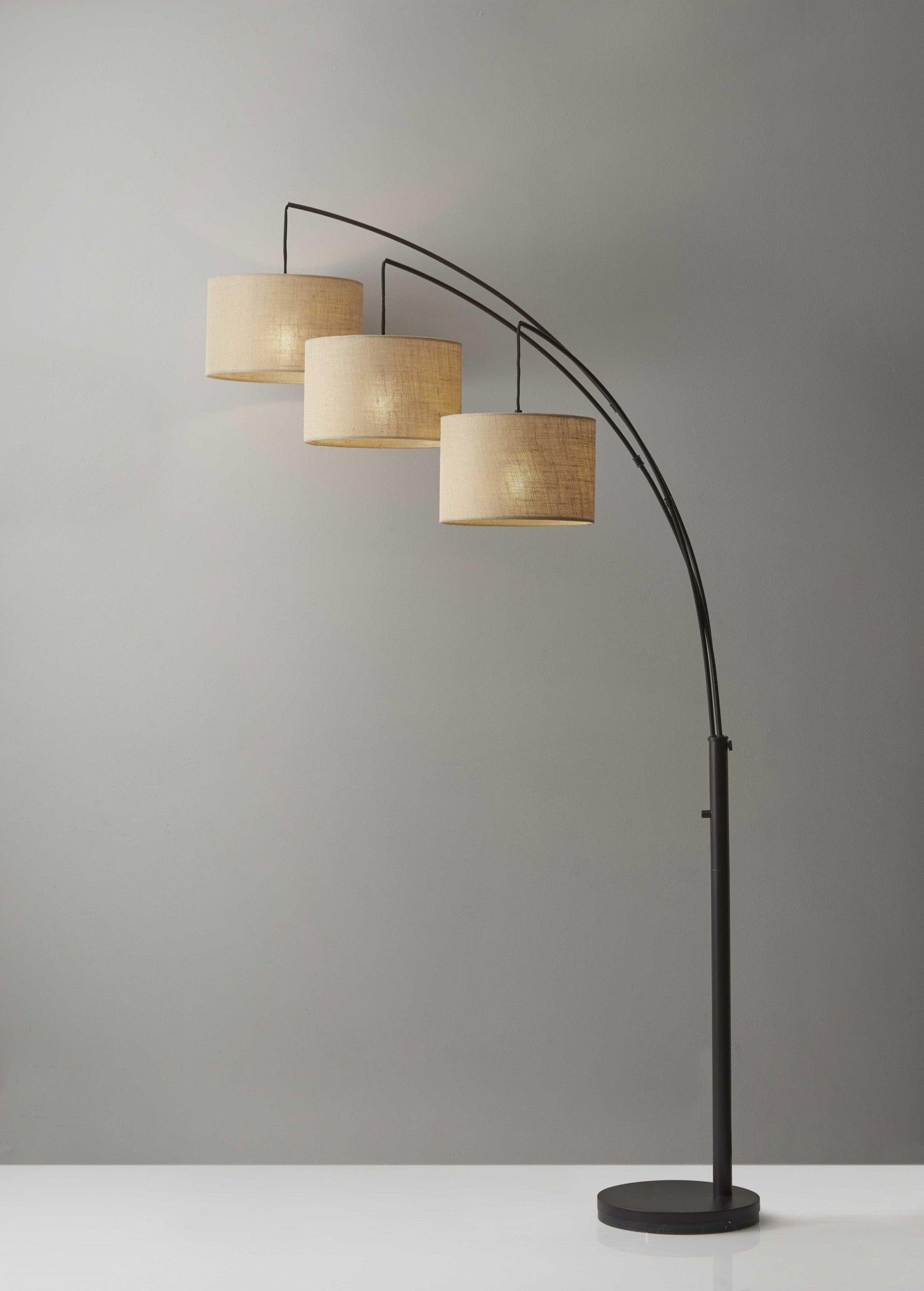 Three Light Bronze Metal Finish Arc Floor Lamp with Suspended Burlap Drum Shades - AFS