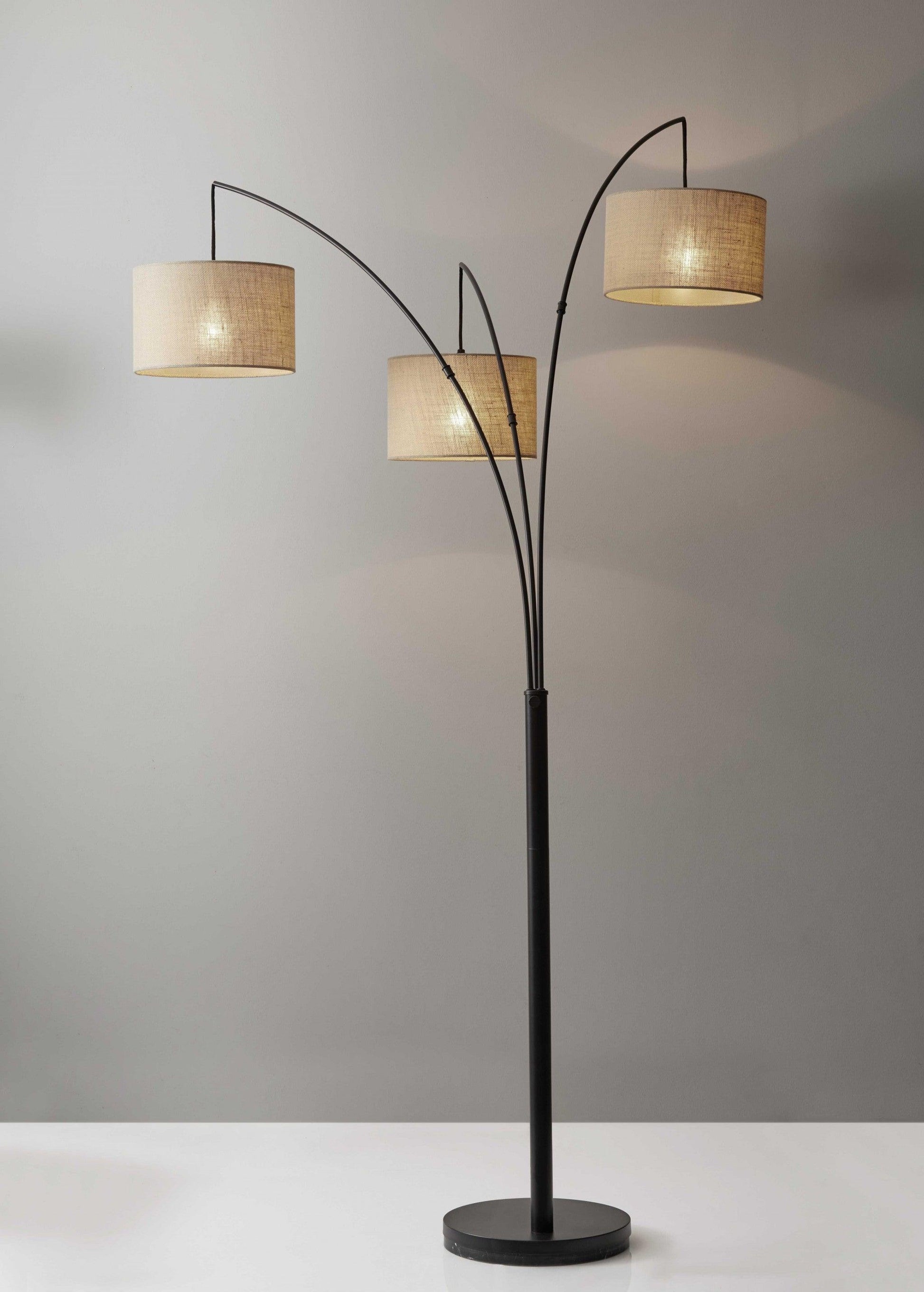 Three Light Bronze Metal Finish Arc Floor Lamp with Suspended Burlap Drum Shades - AFS