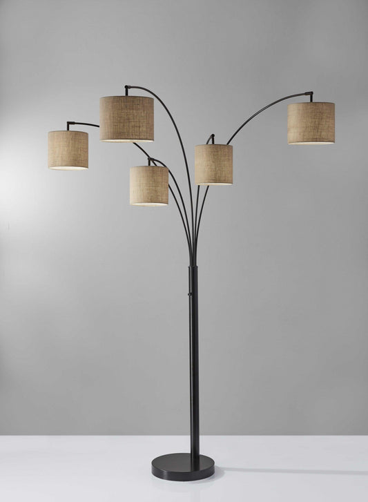 Five Light Floor Lamp Brushed Steel Arc Arms and Petite White Drum Shades - AFS