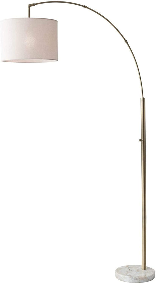 Reading Nook Floor Lamp Antique Brass Arc Arm Adjustable Off White Fabric Shade - AFS