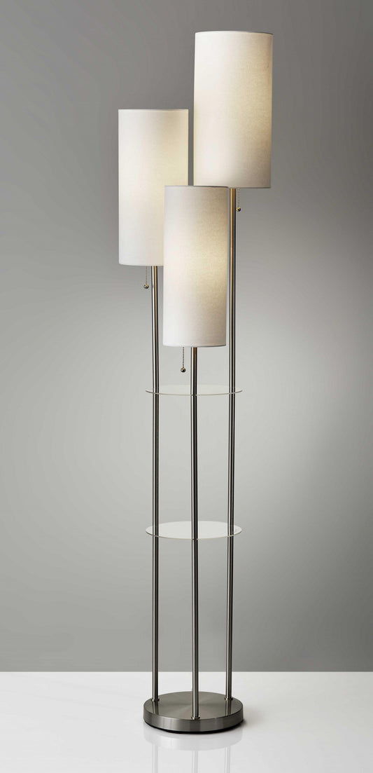 Three Light Floor Lamp in Brushed Steel with Two Clear Storage Shelves - AFS