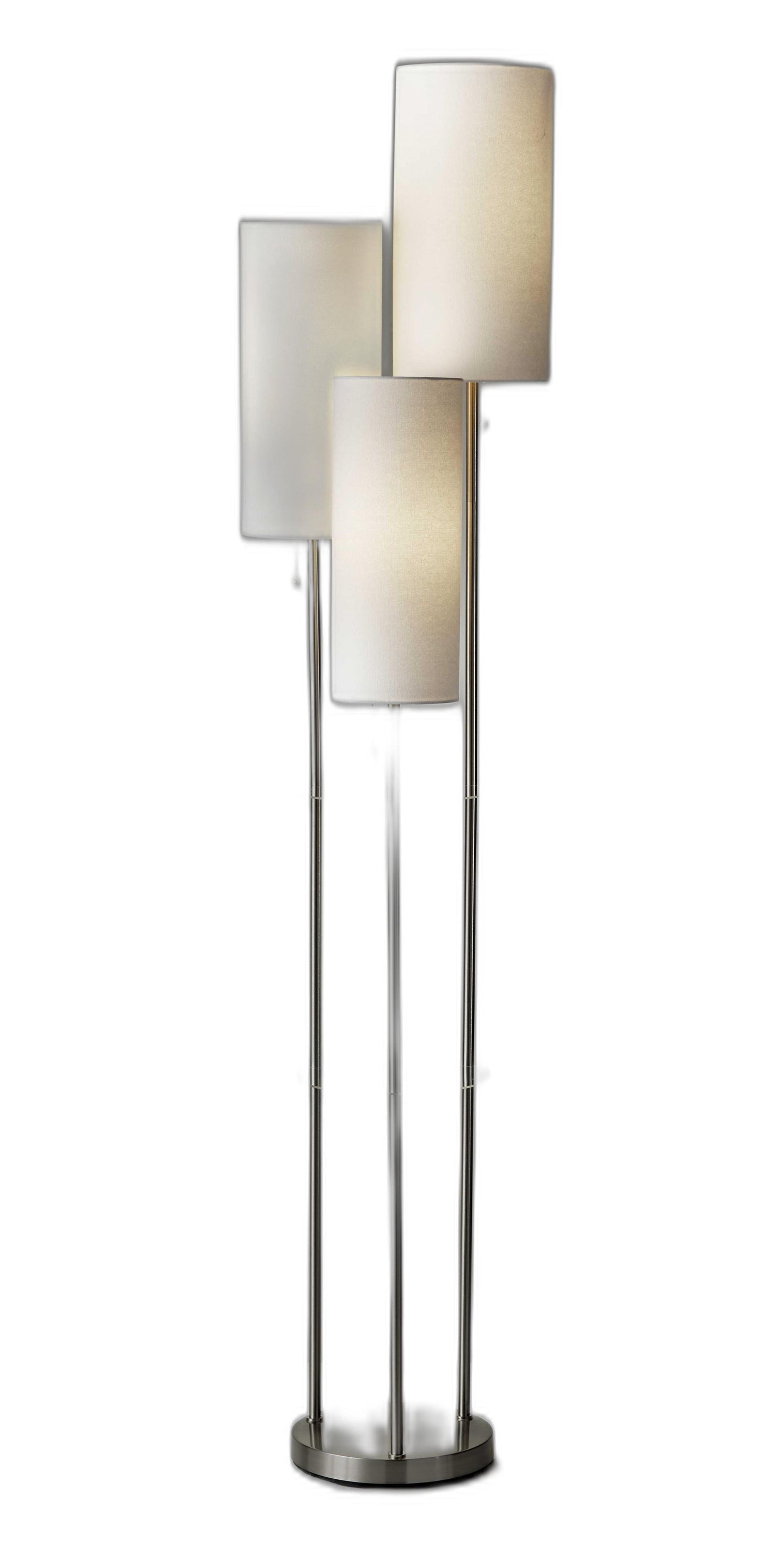 Three Light Floor Lamp in Brushed Steel with Two Clear Storage Shelves - AFS