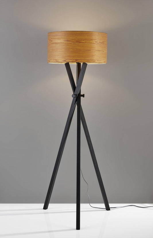 Architectonic Black Wood Tripod Floor Lamp with Rustic Wood Grain Shade - AFS