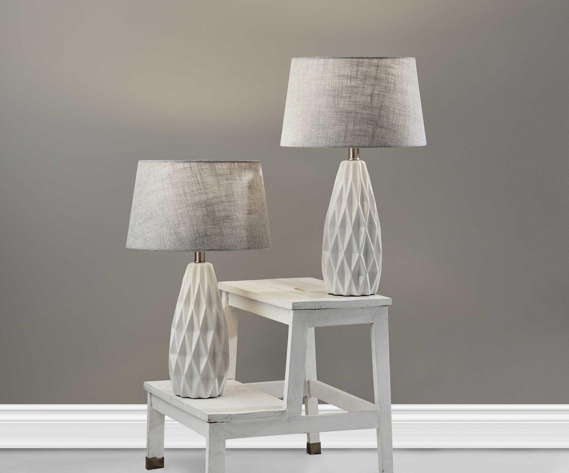 Set of 2 White Ceramic Geometric Base Table Lamp - AFS