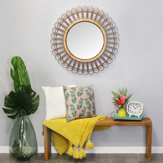 34" Bamboo Burst Round Rattan Wall Mirror - AFS