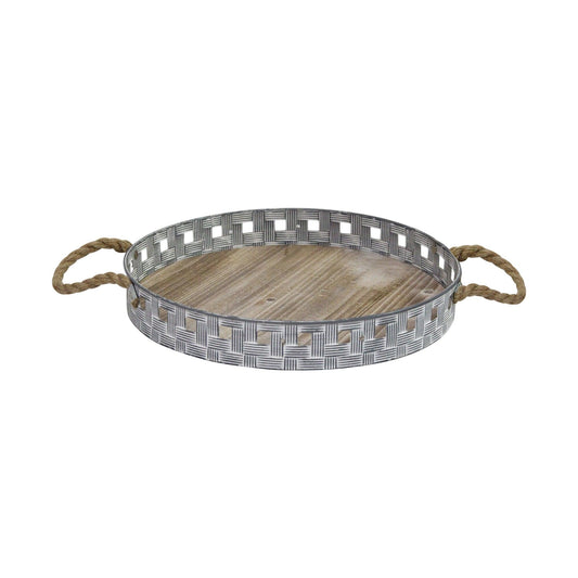 16 Rustic Round Grey Wash Metal and Wood Tray - AFS