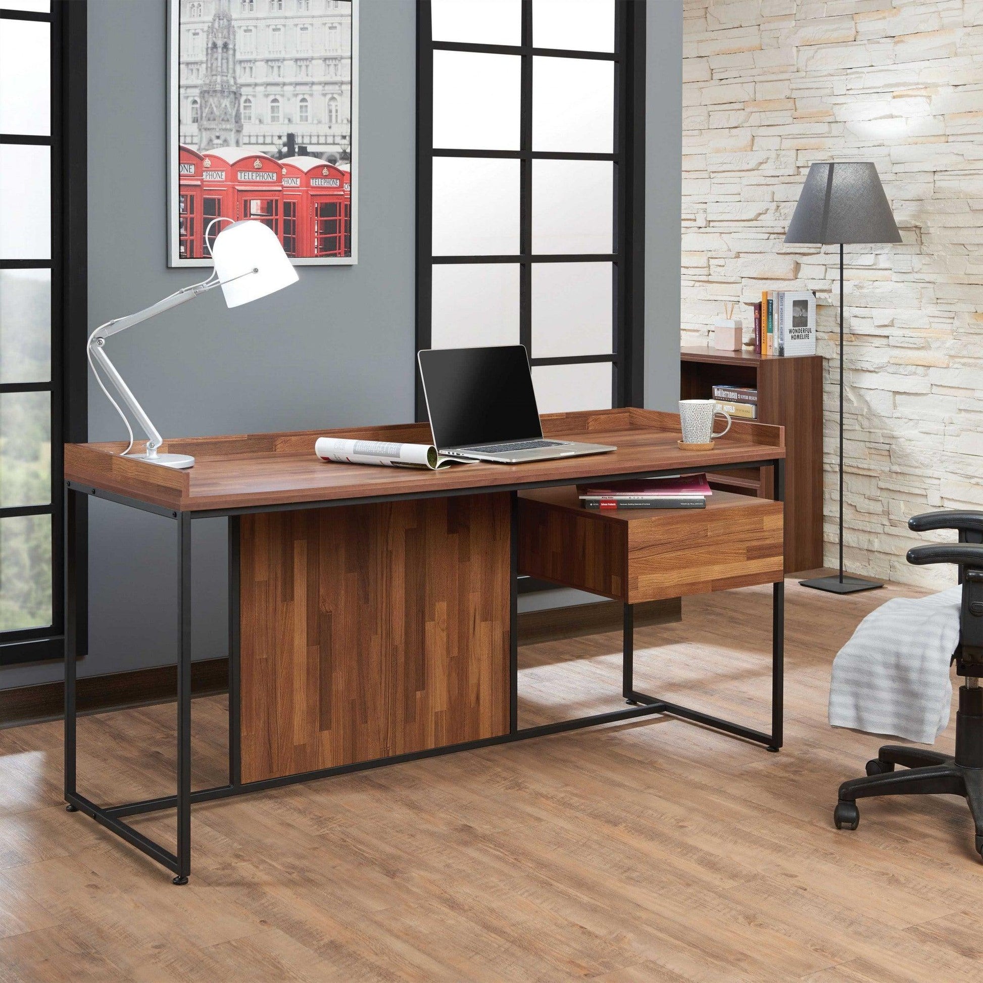 62" X 24" X 31" Walnut Sandy Black Metal Desk - AFS