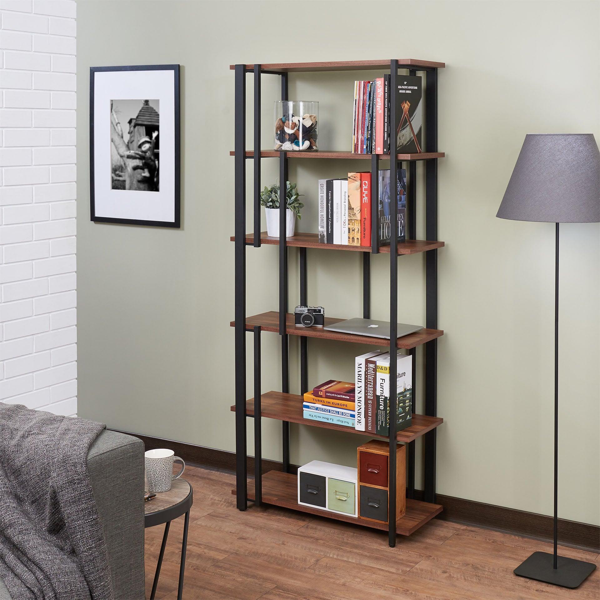 32" X 13" X 70" Walnut Sandy Black Wood Bookshelf - AFS