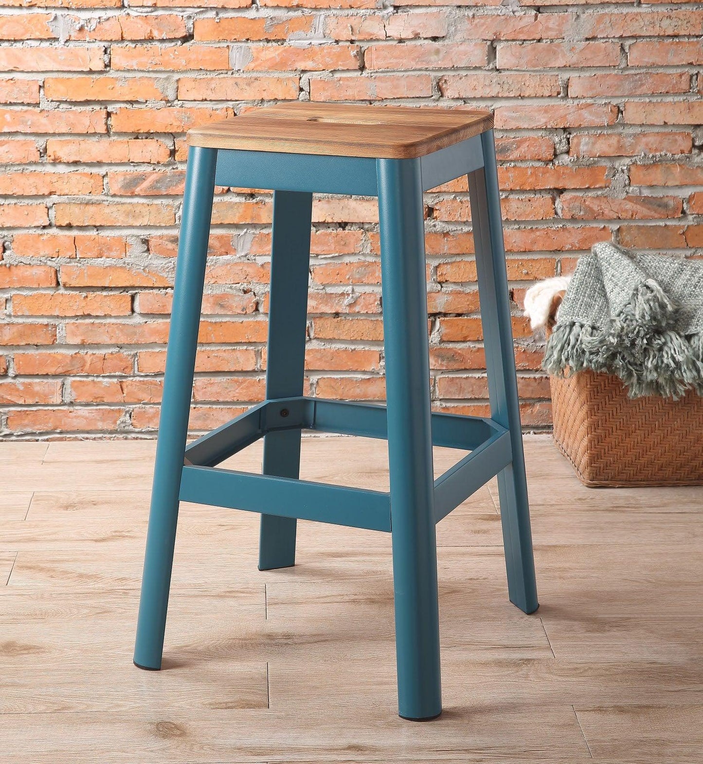 Contrast Teal and Natural Wood Bar Stool - AFS