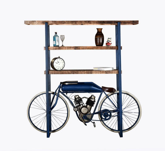 Blue Metal Mango Wood Cycle Book Shelf Bar Counter - AFS