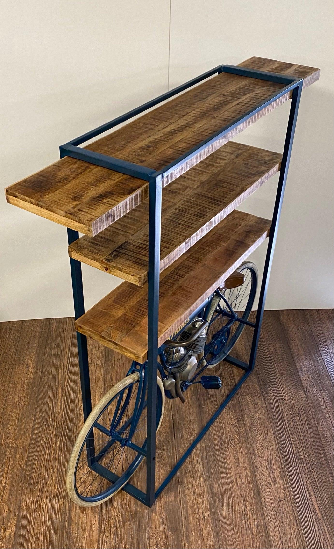 Blue Metal Mango Wood Cycle Book Shelf Bar Counter - AFS