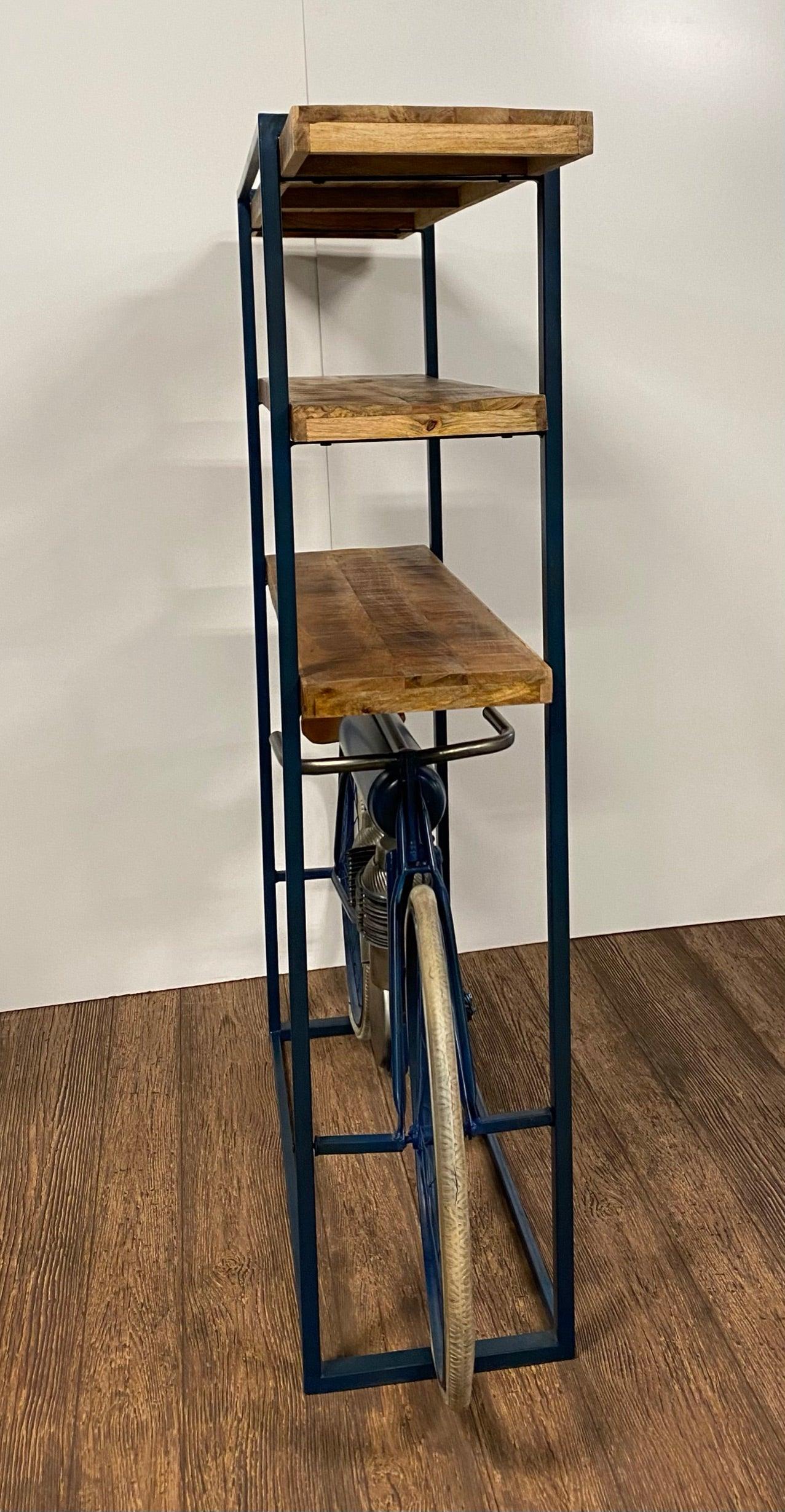 Blue Metal Mango Wood Cycle Book Shelf Bar Counter - AFS