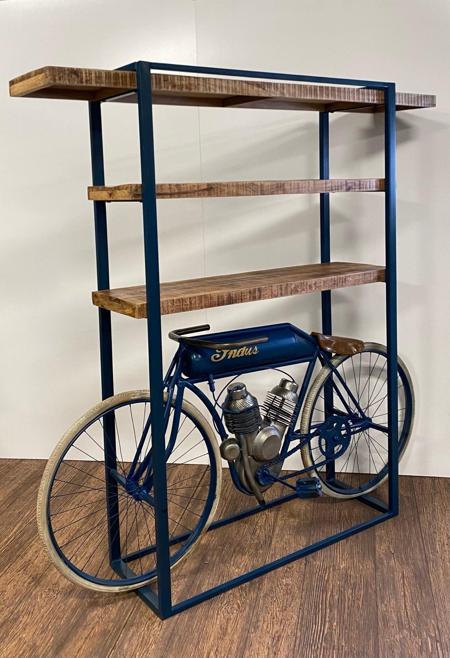 Blue Metal Mango Wood Cycle Book Shelf Bar Counter - AFS