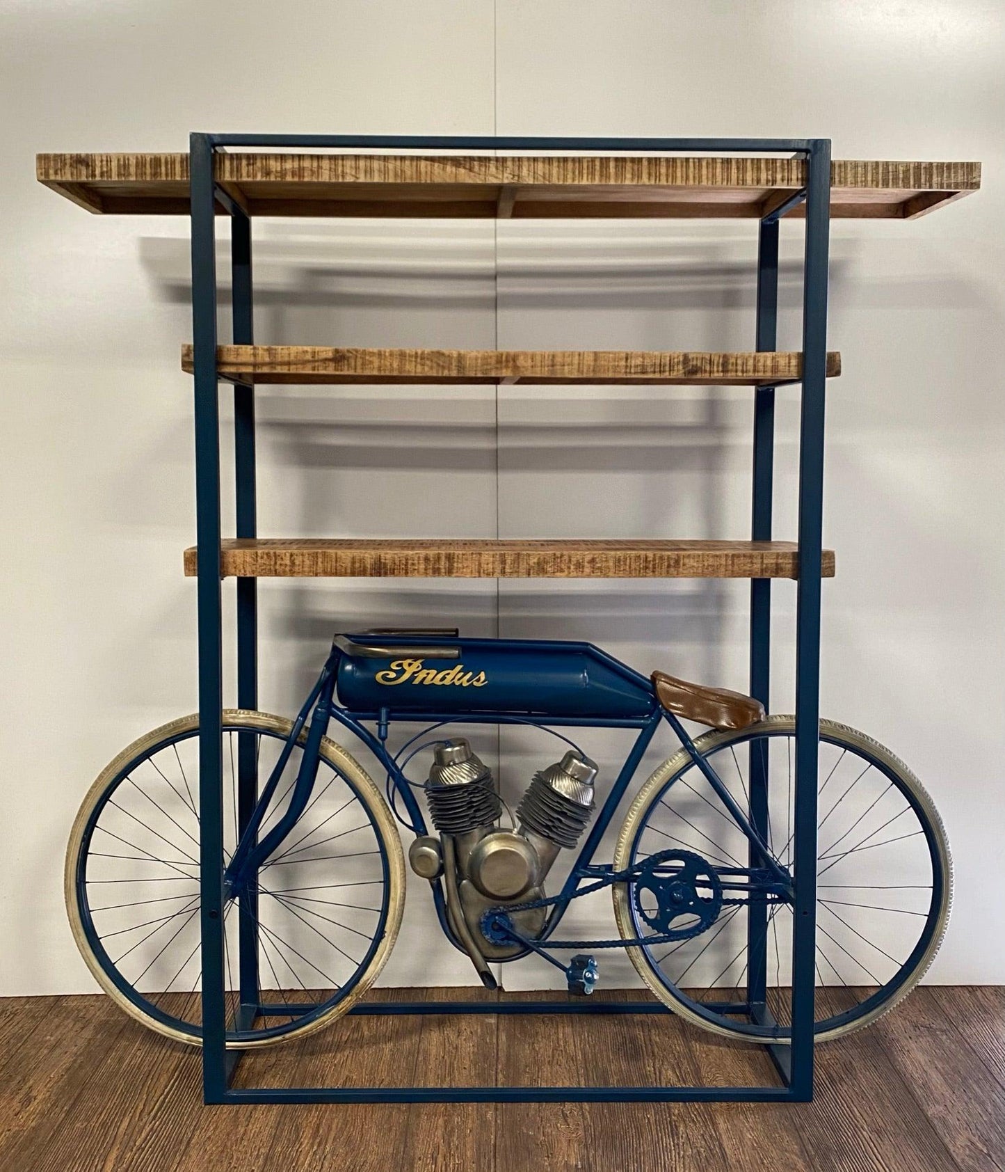 Blue Metal Mango Wood Cycle Book Shelf Bar Counter - AFS